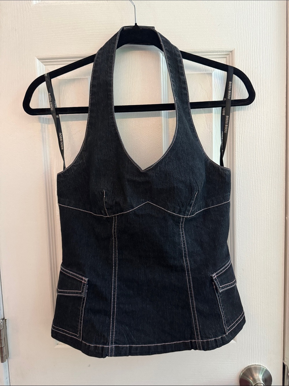 BISOU BISOU Y2k Denim Halter Top Flap Pockets Size 8 *LIKE NEW*
